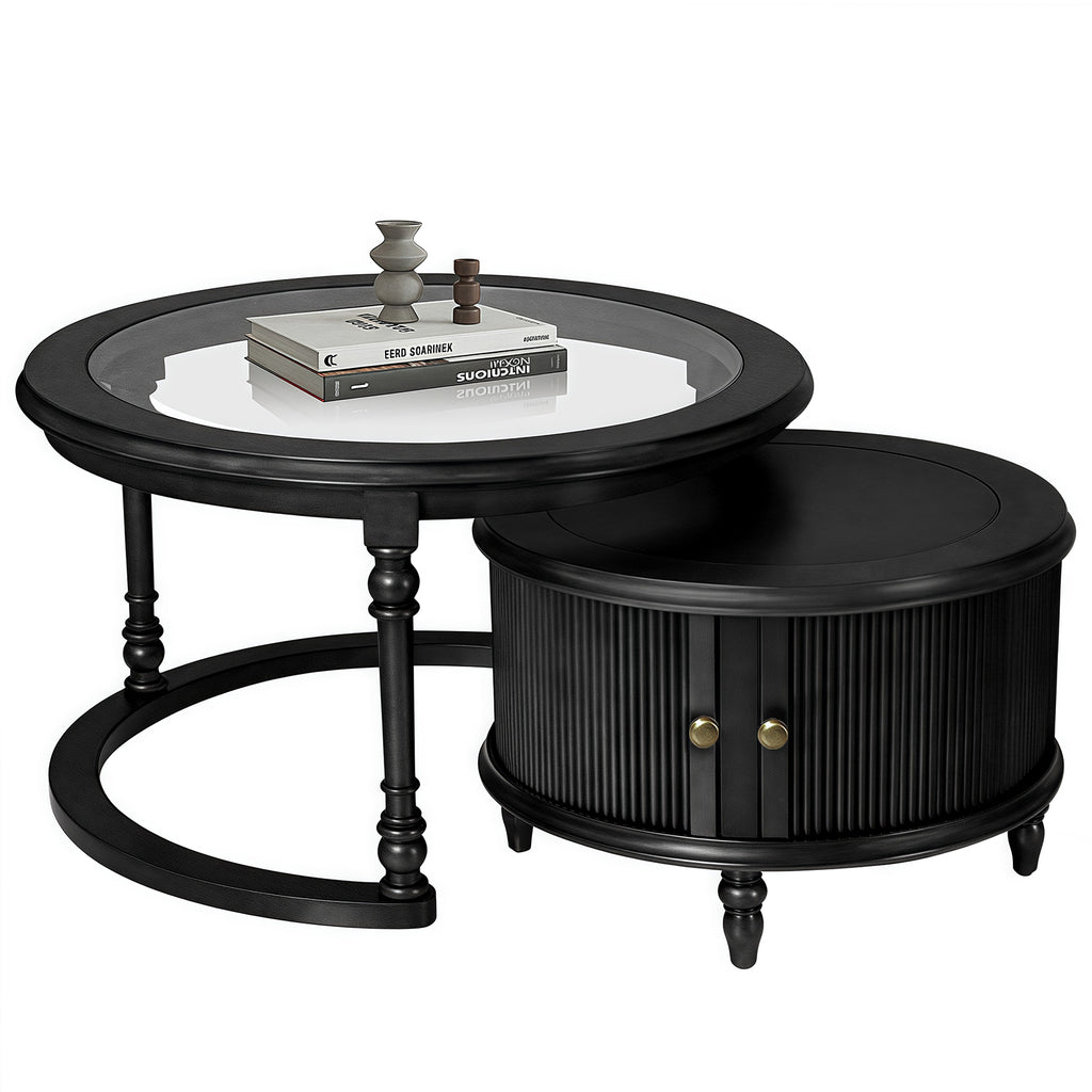 Modern Black Glass And Wood Nesting Coffee Table Set.