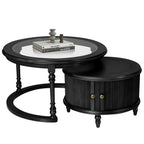 Modern Black Glass And Wood Nesting Coffee Table Set.