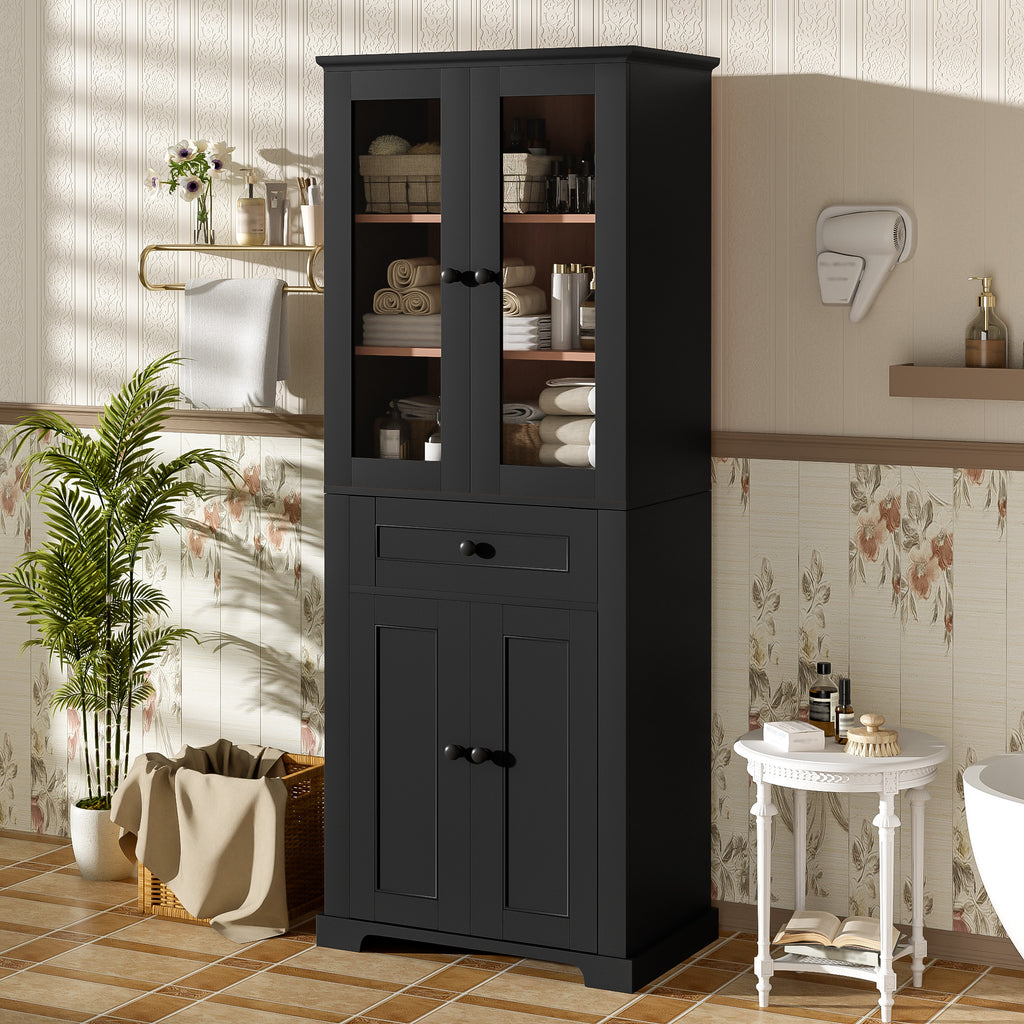67.2' Tall Bathroom Storage Cabinet with Tempered Glass Doors, Adjustable Shelves & Drawer – Modern Freestanding Linen Tower, Soft-Close Design