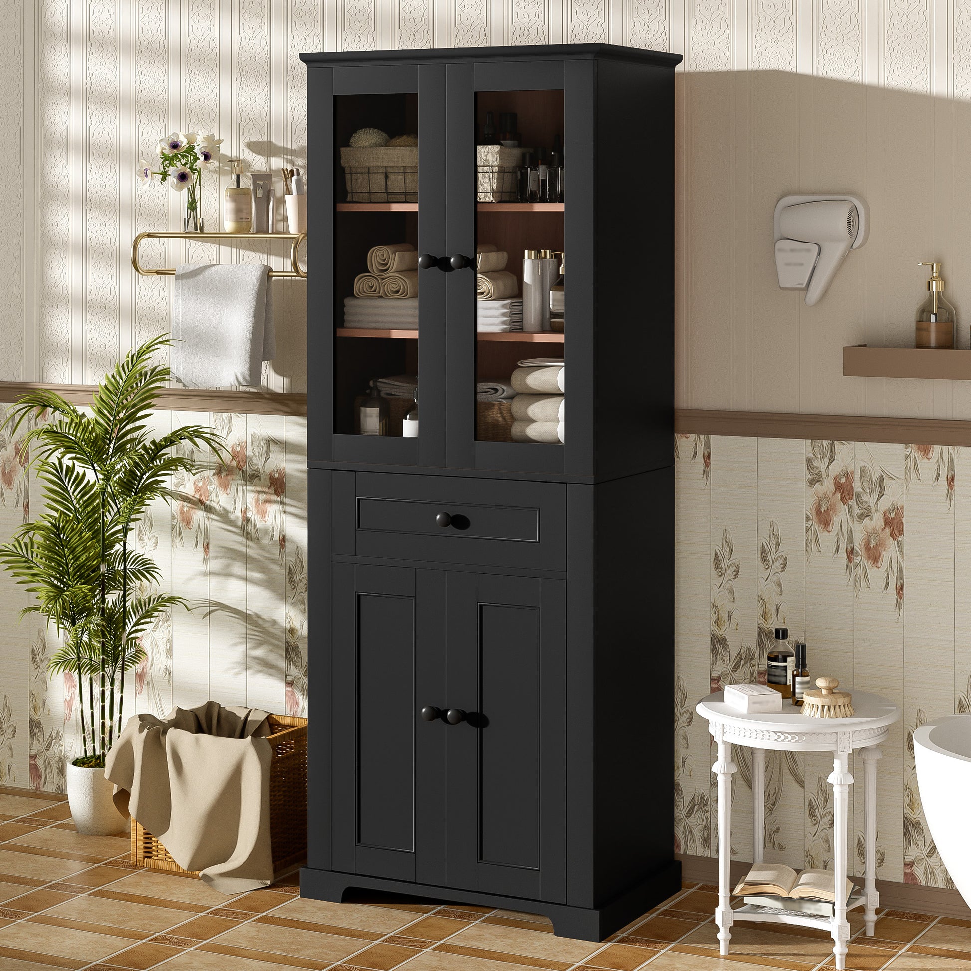 67.2' Tall Bathroom Storage Cabinet with Tempered Glass Doors, Adjustable Shelves & Drawer – Modern Freestanding Linen Tower, Soft-Close Design