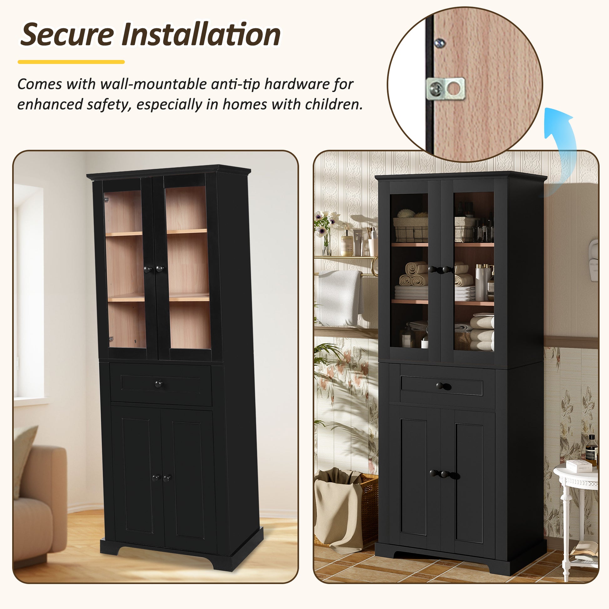 67.2' Tall Bathroom Storage Cabinet with Tempered Glass Doors, Adjustable Shelves & Drawer – Modern Freestanding Linen Tower, Soft-Close Design