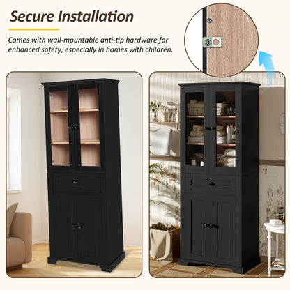 67.2' Tall Bathroom Storage Cabinet with Tempered Glass Doors, Adjustable Shelves & Drawer – Modern Freestanding Linen Tower, Soft-Close Design