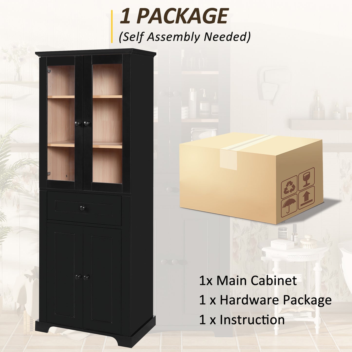 67.2' Tall Bathroom Storage Cabinet with Tempered Glass Doors, Adjustable Shelves & Drawer – Modern Freestanding Linen Tower, Soft-Close Design