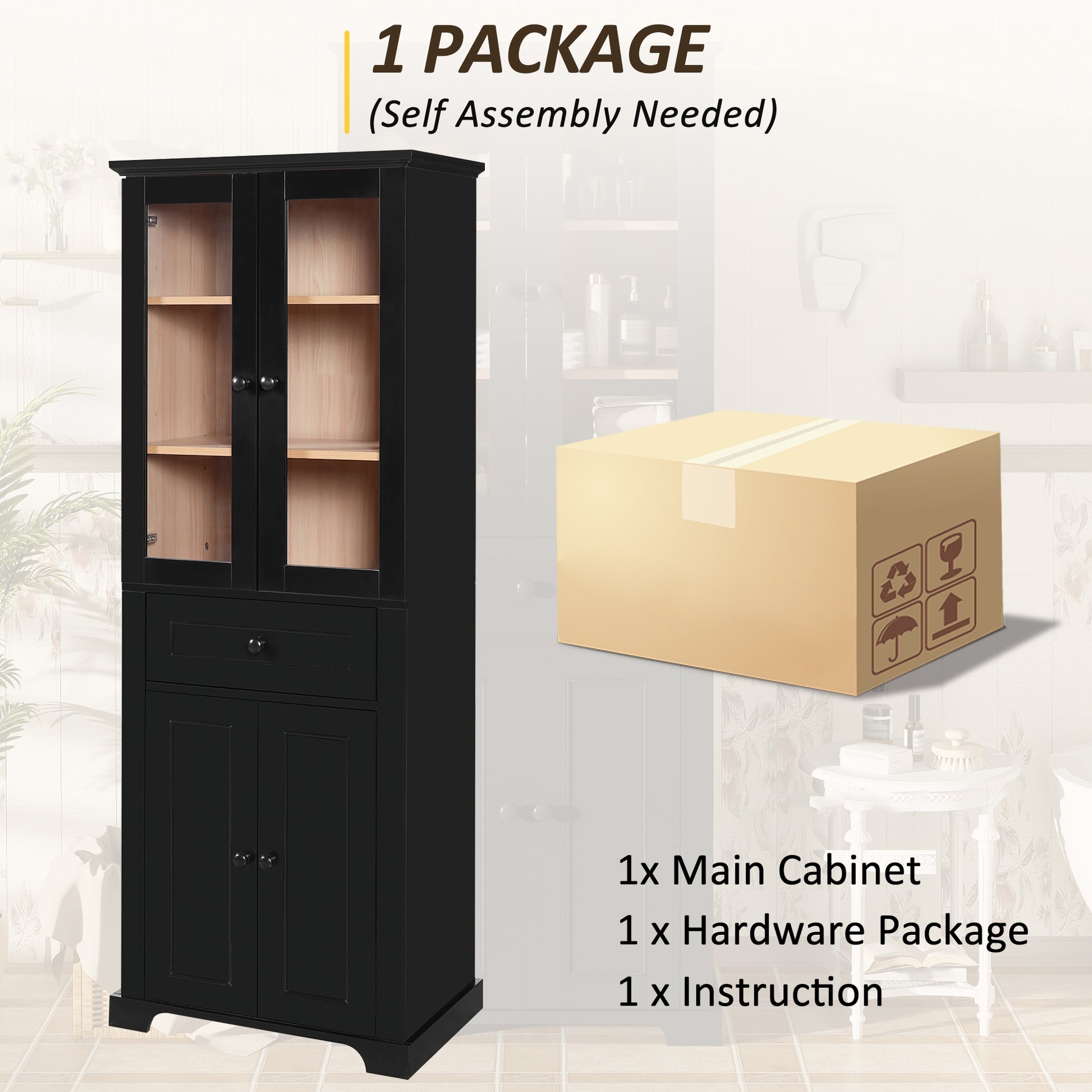 67.2' Tall Bathroom Storage Cabinet with Tempered Glass Doors, Adjustable Shelves & Drawer – Modern Freestanding Linen Tower, Soft-Close Design