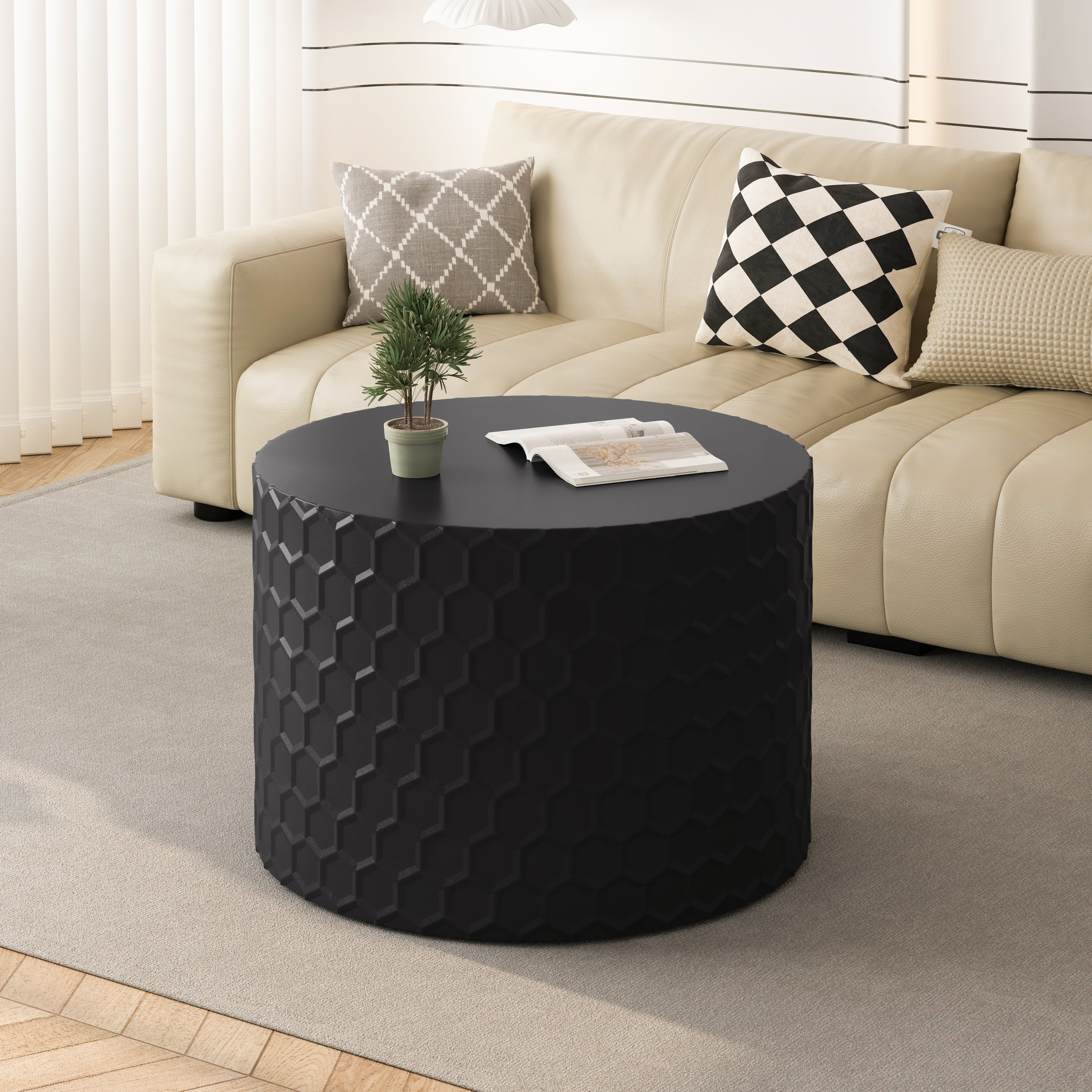 Stylish and Minimalist Nesting Coffee Table Set with Honeycomb Design, Modern Round Coffee Table, Drum Circle Coffee Table for Living Room, Bedroom, Black(Set of 2 Pieces)