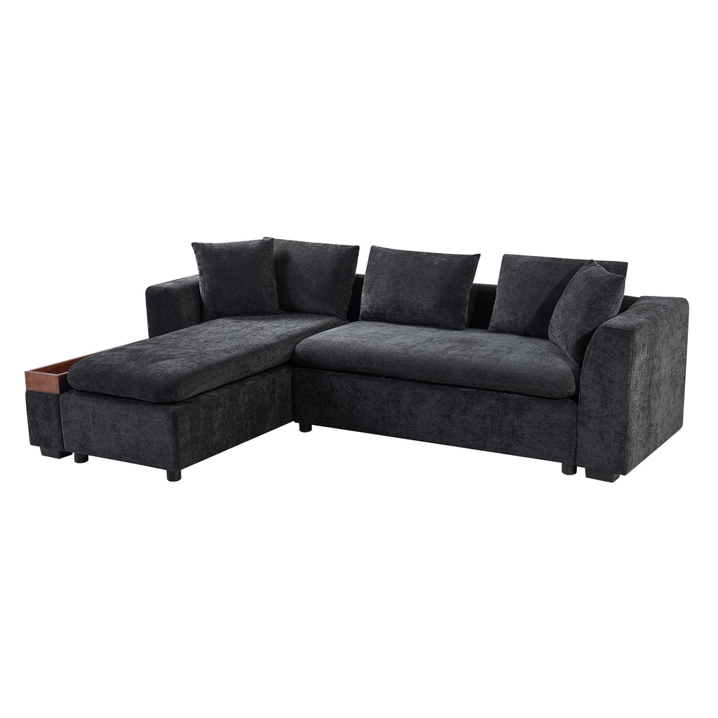 Modern L-Shaped Sectional Sofa with Chenille Upholstery and Wooden Storage, Black