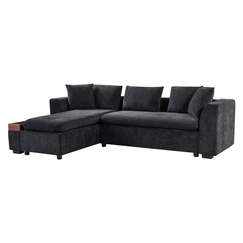 Modern L-Shaped Sectional Sofa with Chenille Upholstery and Wooden Storage, Black
