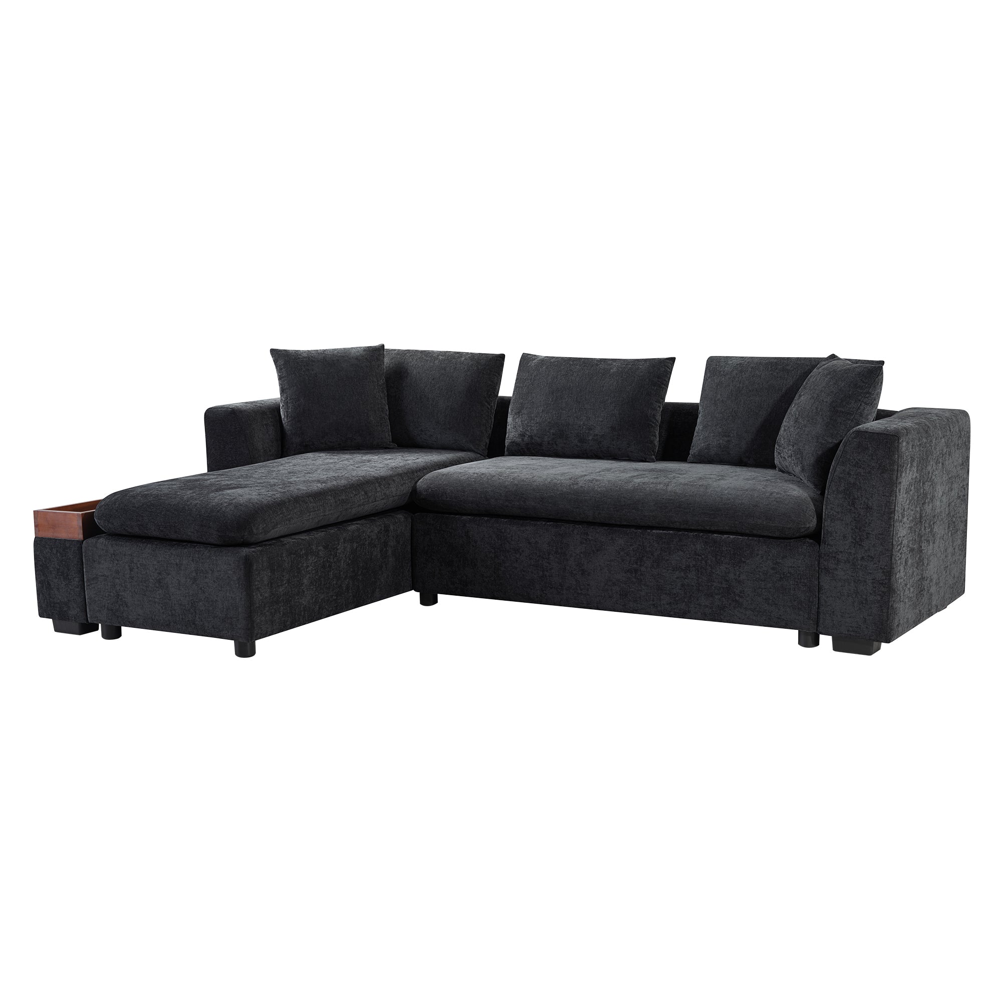 Modern L-Shaped Sectional Sofa with Chenille Upholstery and Wooden Storage, Black