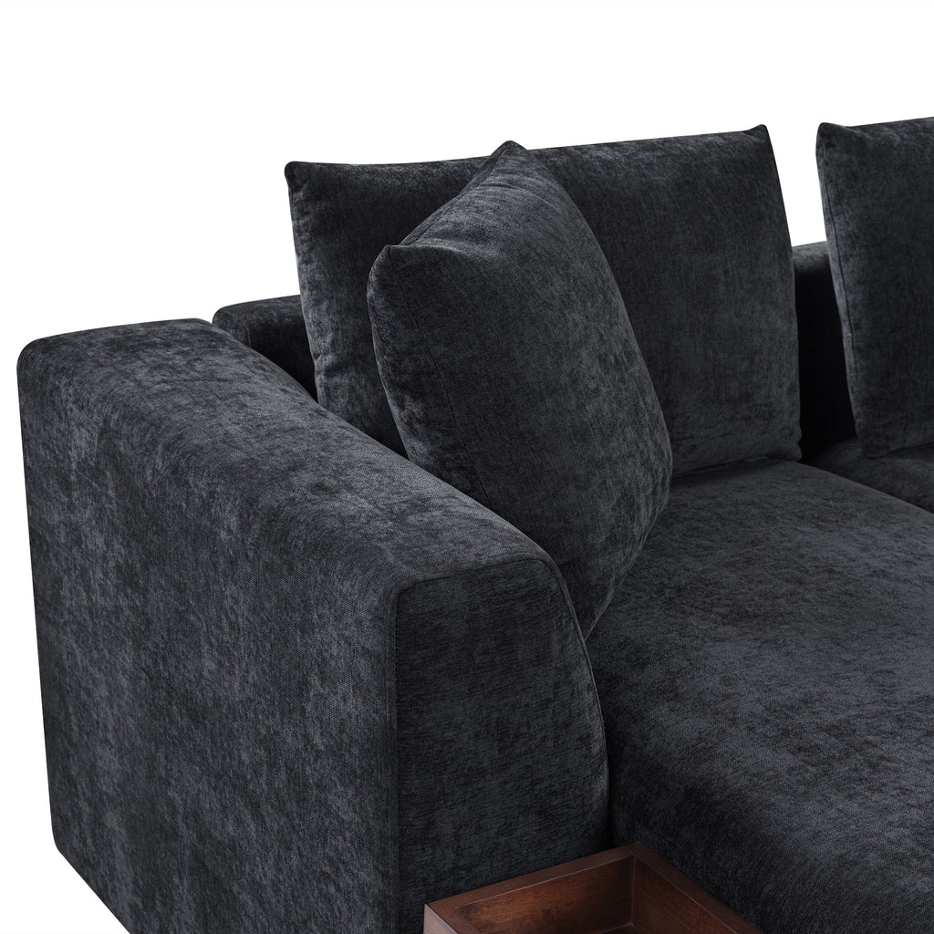 Modern L-Shaped Sectional Sofa with Chenille Upholstery and Wooden Storage, Black