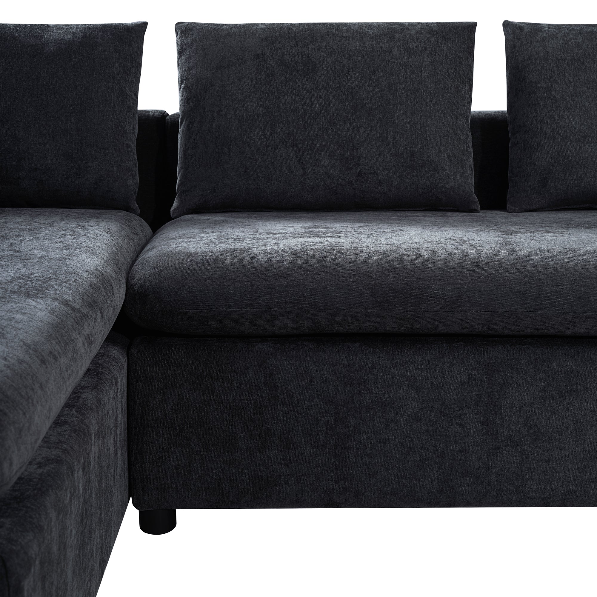 Modern L-Shaped Sectional Sofa with Chenille Upholstery and Wooden Storage, Black