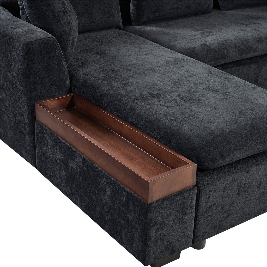 Modern L-Shaped Sectional Sofa with Chenille Upholstery and Wooden Storage, Black