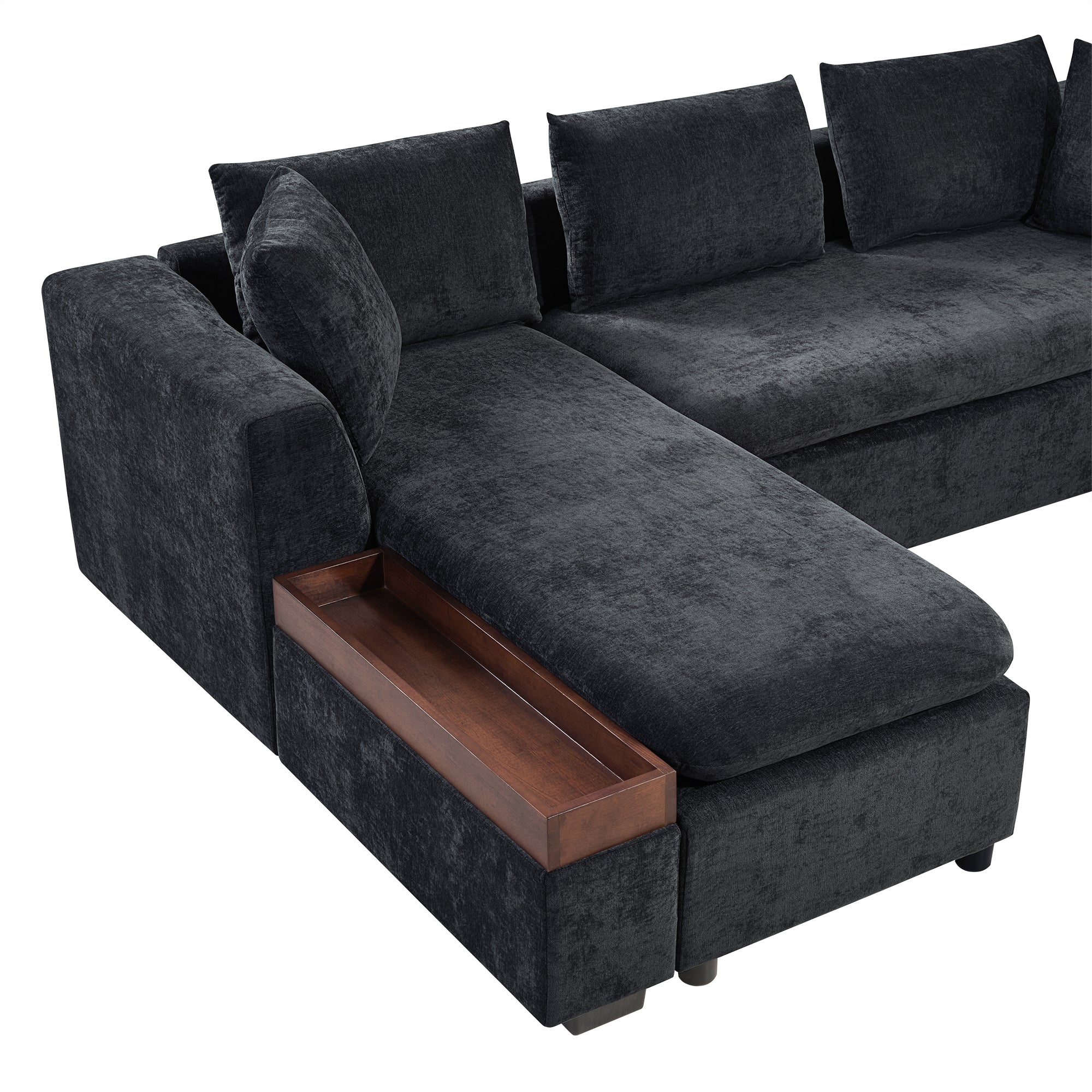Modern L-Shaped Sectional Sofa with Chenille Upholstery and Wooden Storage, Black