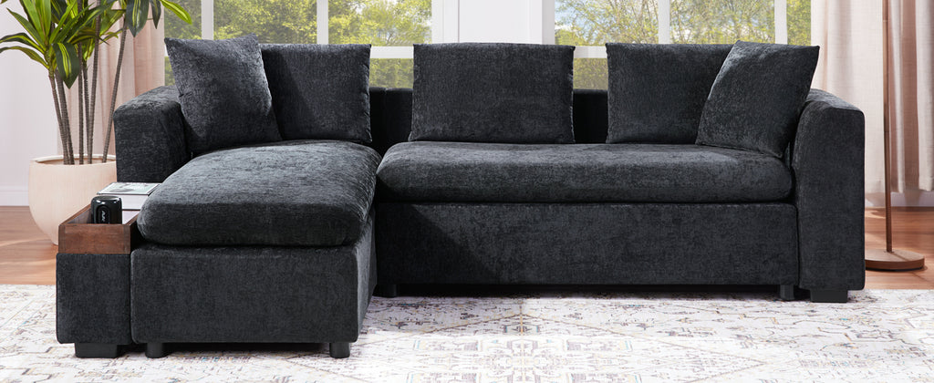 Modern L-Shaped Sectional Sofa with Chenille Upholstery and Wooden Storage, Black