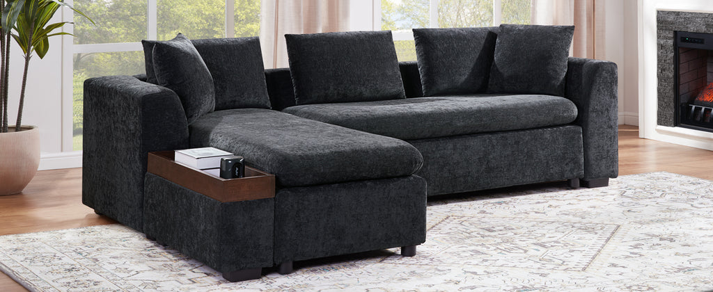Modern L-Shaped Sectional Sofa with Chenille Upholstery and Wooden Storage, Black