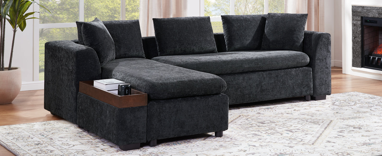 Modern L-Shaped Sectional Sofa with Chenille Upholstery and Wooden Storage, Black