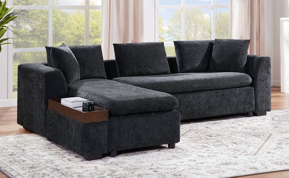 Modern L-Shaped Sectional Sofa with Chenille Upholstery and Wooden Storage, Black