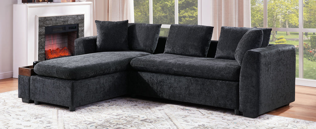 Modern L-Shaped Sectional Sofa with Chenille Upholstery and Wooden Storage, Black