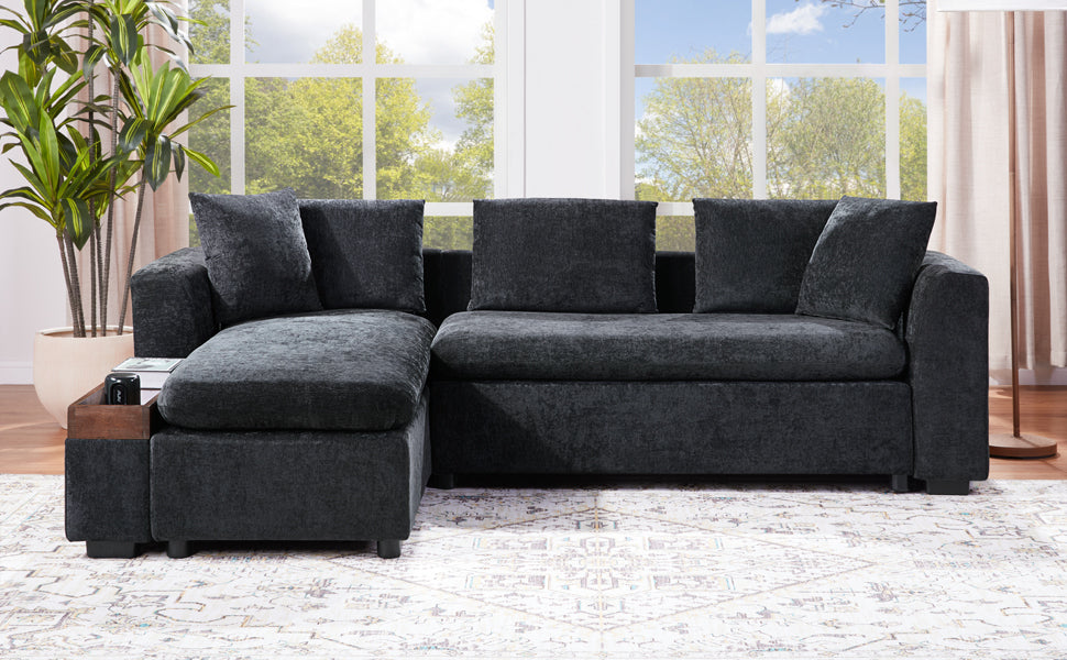 Modern L-Shaped Sectional Sofa with Chenille Upholstery and Wooden Storage, Black