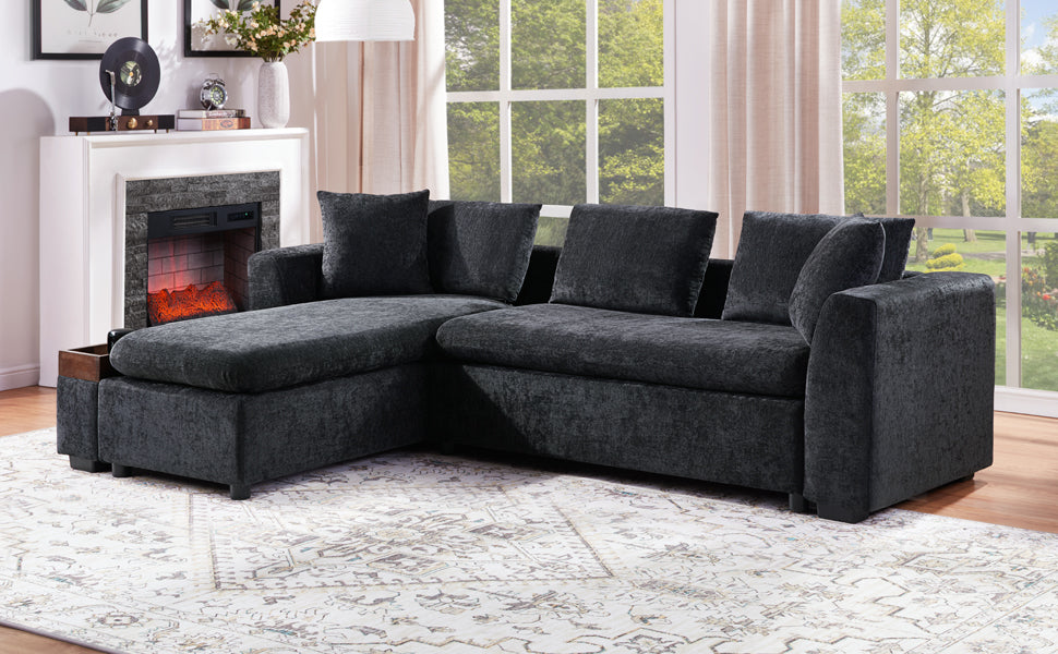 Modern L-Shaped Sectional Sofa with Chenille Upholstery and Wooden Storage, Black