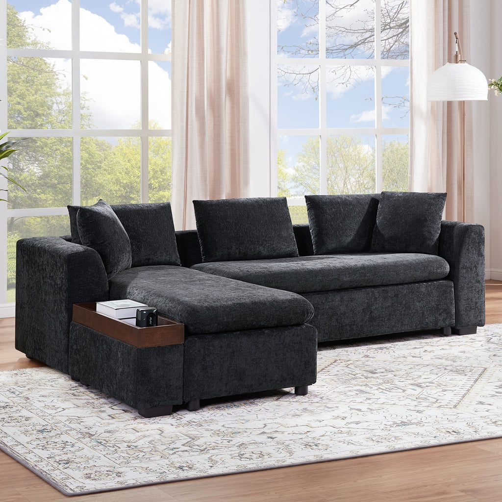 Modern L-Shaped Sectional Sofa with Chenille Upholstery and Wooden Storage, Black