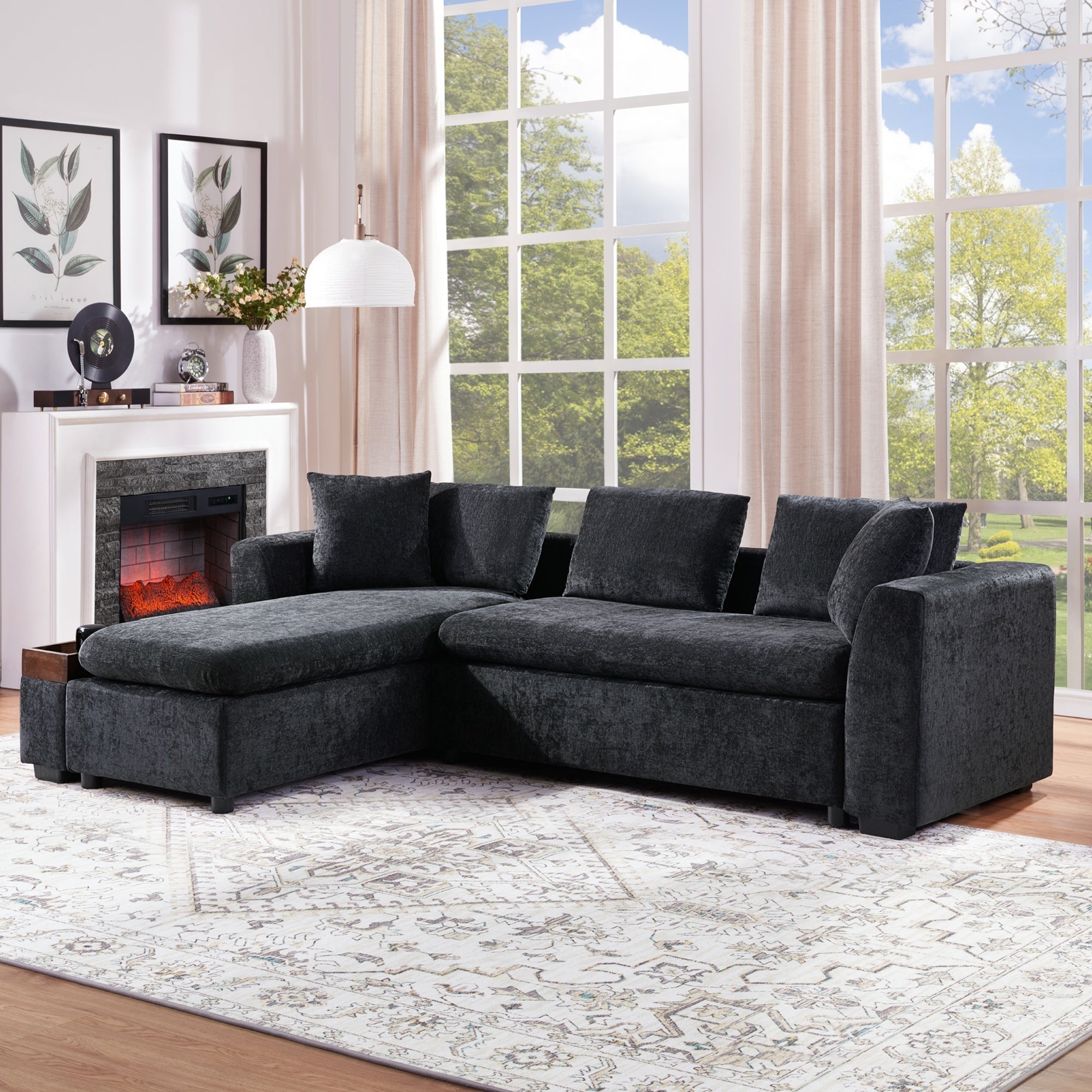 Modern L-Shaped Sectional Sofa with Chenille Upholstery and Wooden Storage, Black