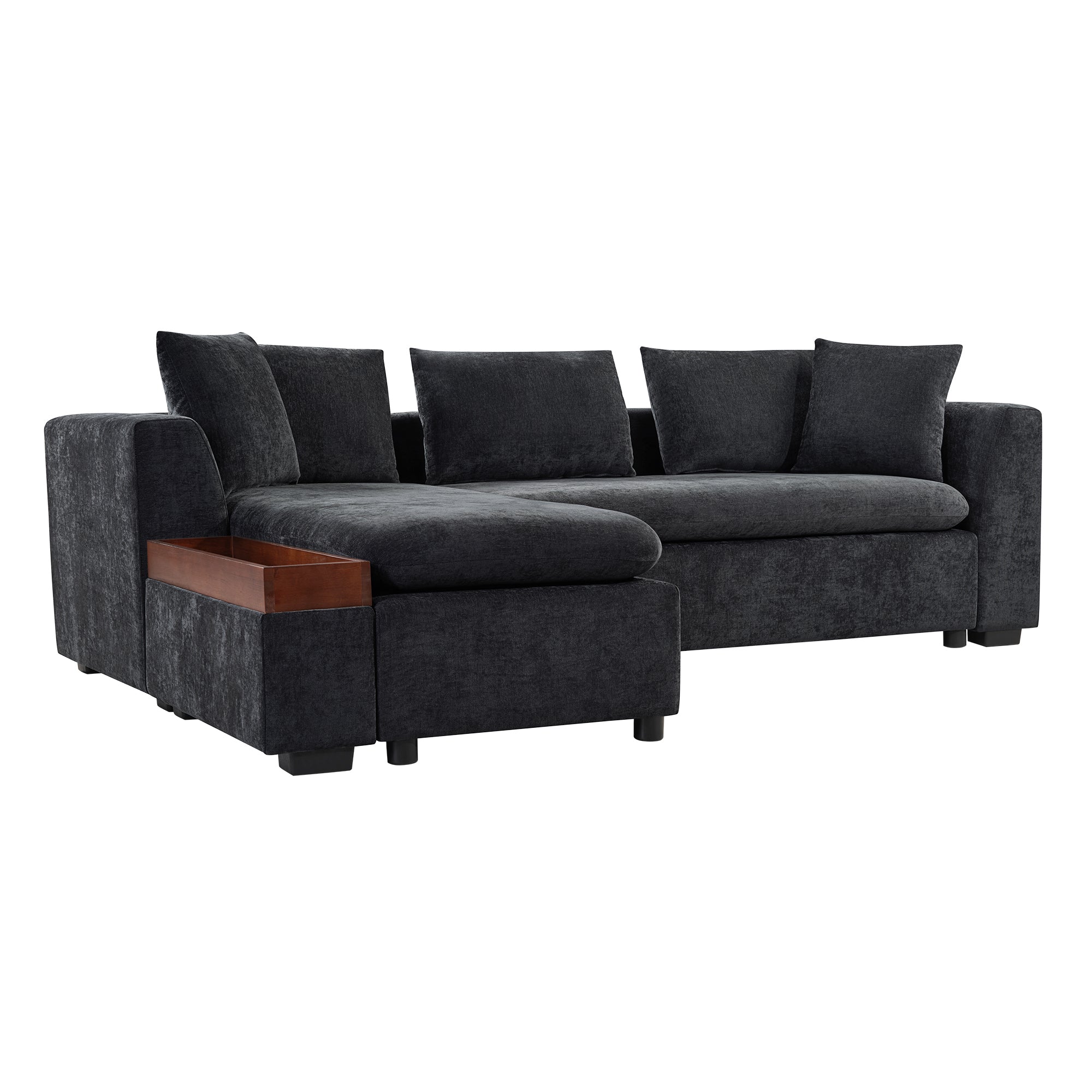 Modern L-Shaped Sectional Sofa with Chenille Upholstery and Wooden Storage, Black
