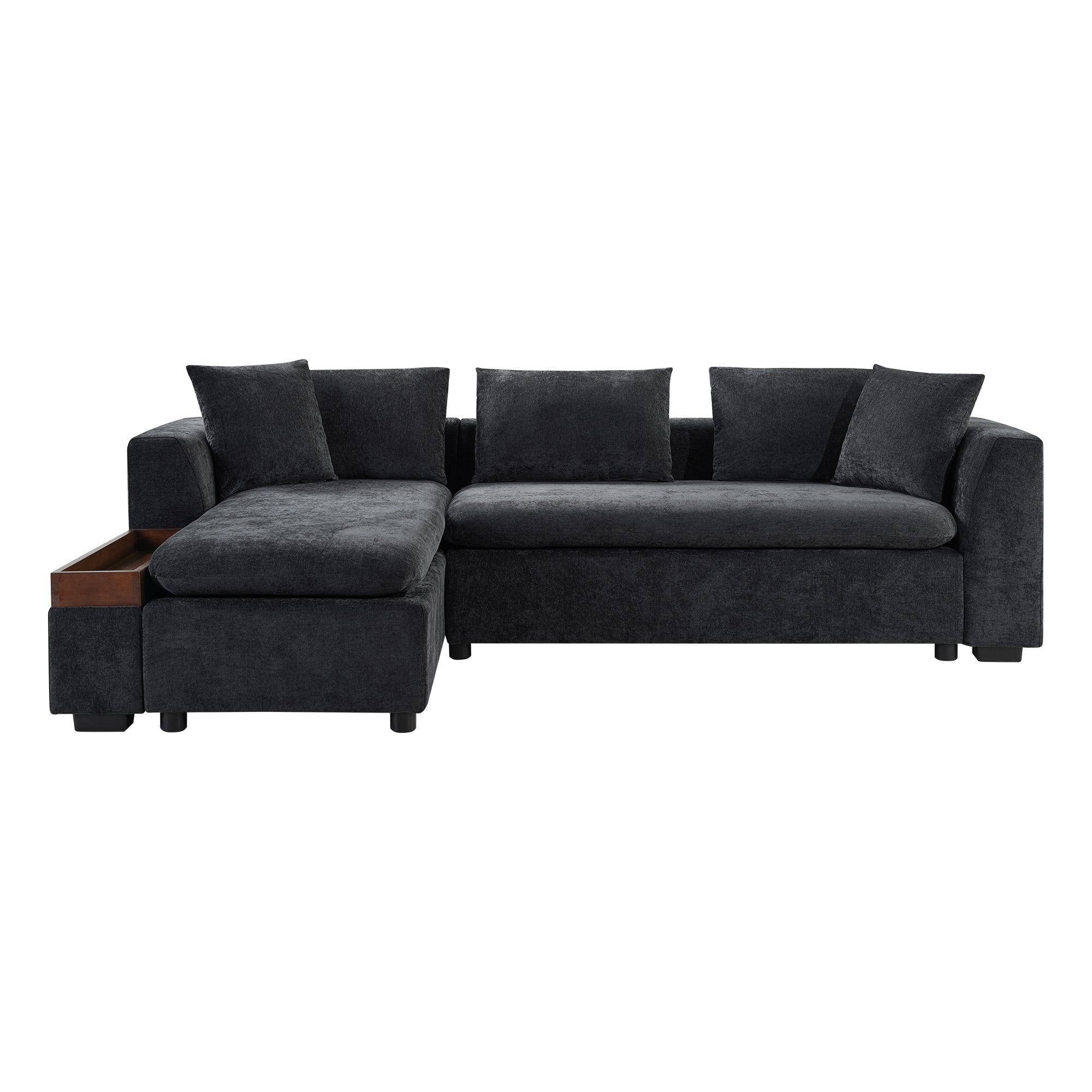 Modern L-Shaped Sectional Sofa with Chenille Upholstery and Wooden Storage, Black