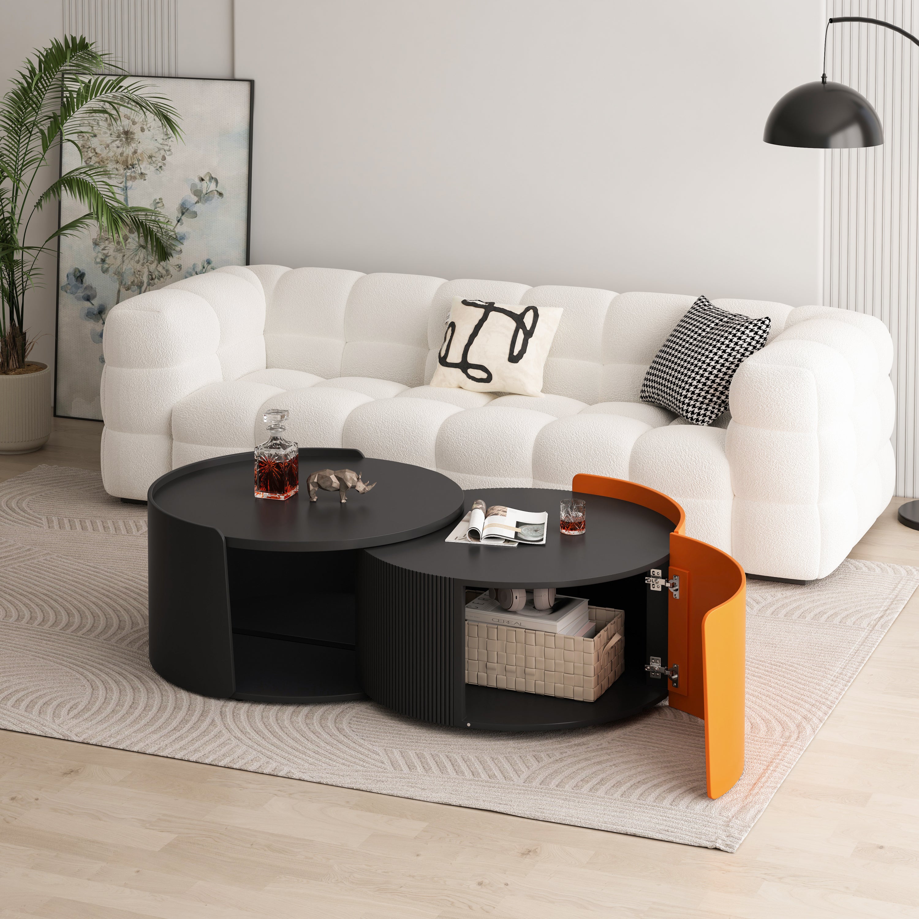 Nesting Coffee Table, Round Nesting Tables and End Tables for Small Space, Modern Side Tables with Extendable Sliding Tabletop for Living Room, Office,Black, No Need Assembly