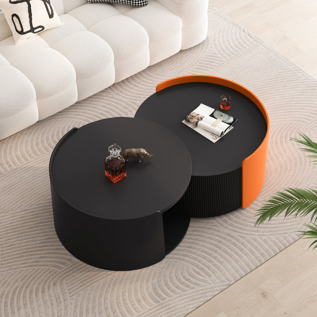 Nesting Coffee Table, Round Nesting Tables and End Tables for Small Space, Modern Side Tables with Extendable Sliding Tabletop for Living Room, Office,Black, No Need Assembly