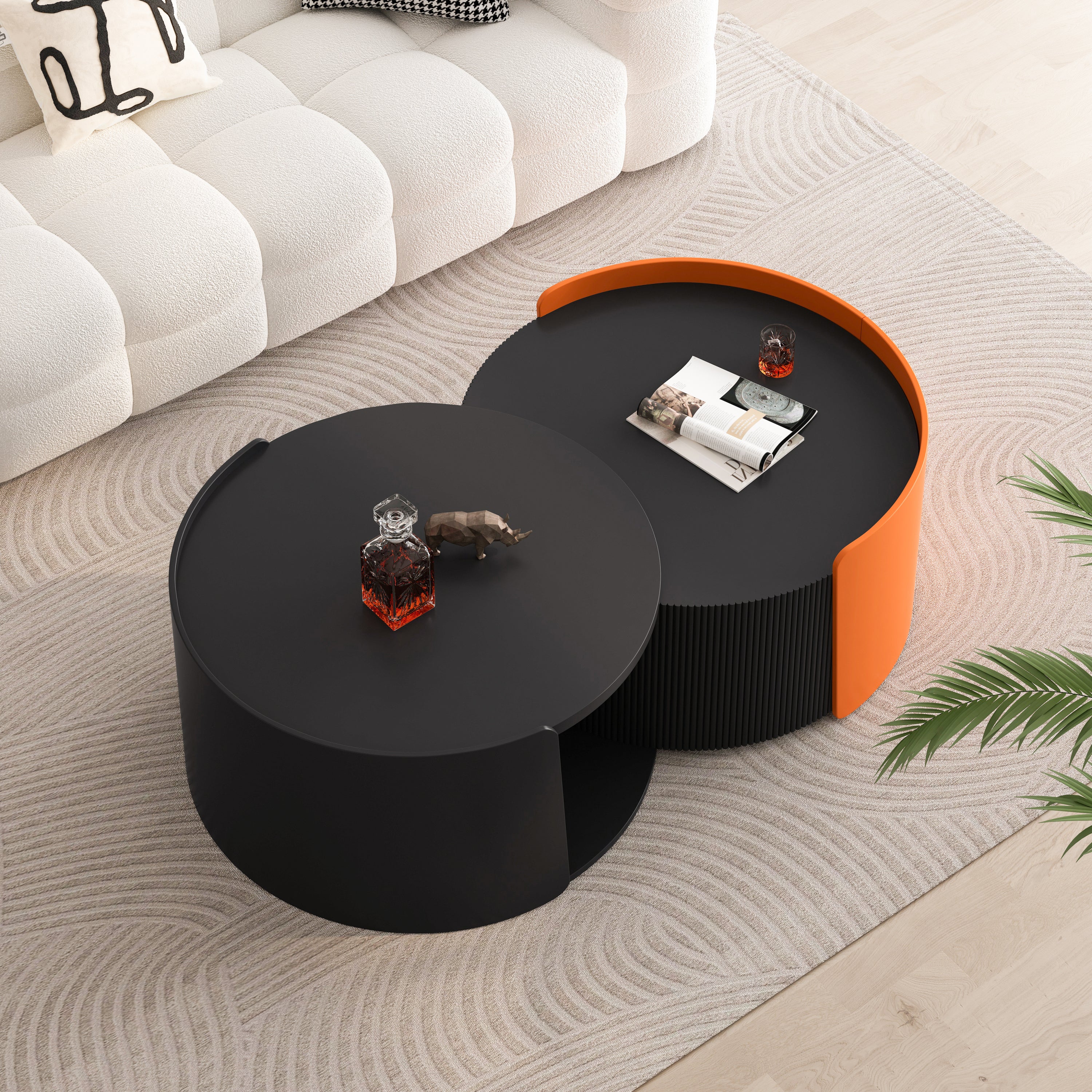 Nesting Coffee Table, Round Nesting Tables and End Tables for Small Space, Modern Side Tables with Extendable Sliding Tabletop for Living Room, Office,Black, No Need Assembly