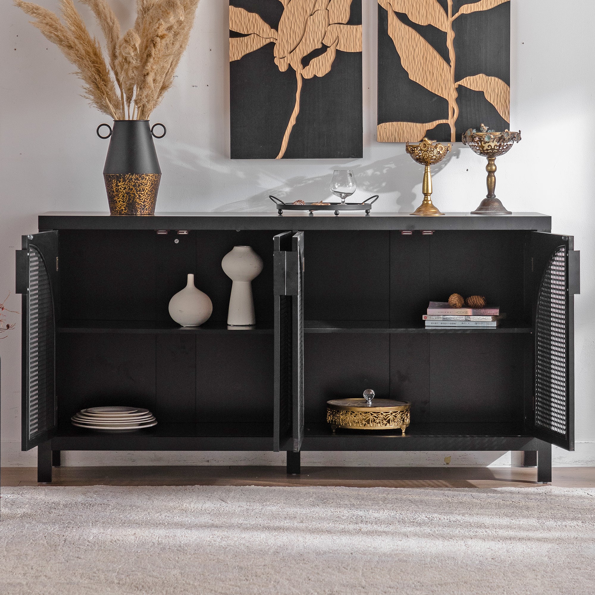 Modern Storage Sideboard Buffet Cabinet with Artificial Rattan Door, Sideboard Buffet Cabinet for Living Room , Entryway,Kitchen