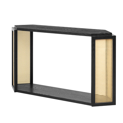 TREXM Narrow Console Table with Unique Irregular Top Design, Entryway Table with Open Shelf, Rattan Sofa Table for Living Room Hallway and Entrance (Black)