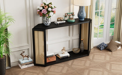 TREXM Narrow Console Table with Unique Irregular Top Design, Entryway Table with Open Shelf, Rattan Sofa Table for Living Room Hallway and Entrance (Black)