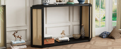 TREXM Narrow Console Table with Unique Irregular Top Design, Entryway Table with Open Shelf, Rattan Sofa Table for Living Room Hallway and Entrance (Black)