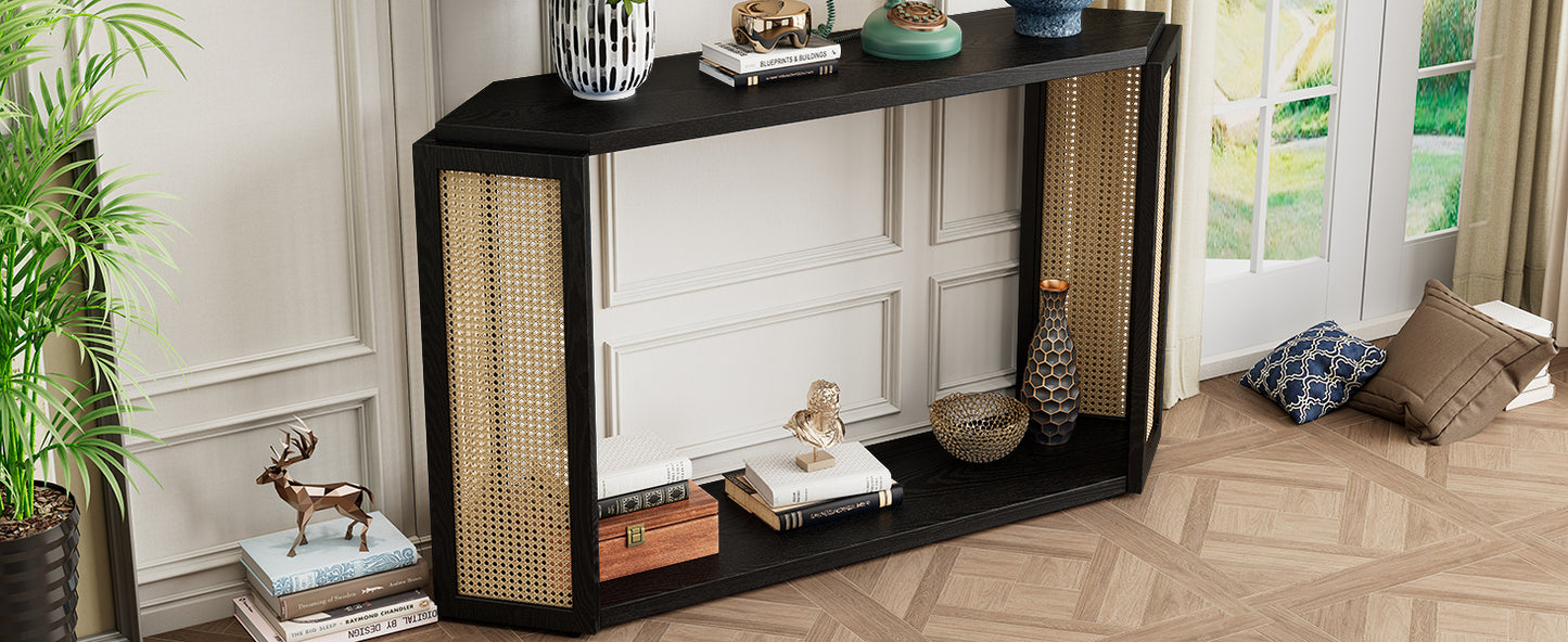 TREXM Narrow Console Table with Unique Irregular Top Design, Entryway Table with Open Shelf, Rattan Sofa Table for Living Room Hallway and Entrance (Black)