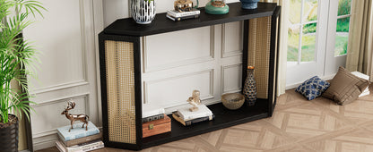 TREXM Narrow Console Table with Unique Irregular Top Design, Entryway Table with Open Shelf, Rattan Sofa Table for Living Room Hallway and Entrance (Black)