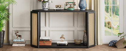 TREXM Narrow Console Table with Unique Irregular Top Design, Entryway Table with Open Shelf, Rattan Sofa Table for Living Room Hallway and Entrance (Black)