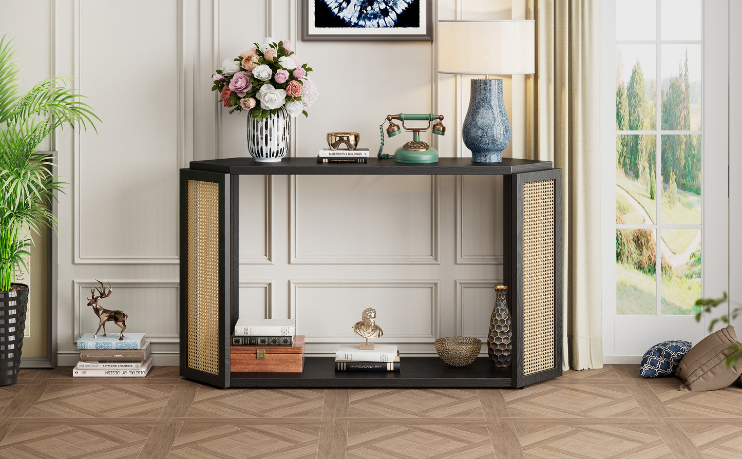 TREXM Narrow Console Table with Unique Irregular Top Design, Entryway Table with Open Shelf, Rattan Sofa Table for Living Room Hallway and Entrance (Black)