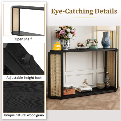 TREXM Narrow Console Table with Unique Irregular Top Design, Entryway Table with Open Shelf, Rattan Sofa Table for Living Room Hallway and Entrance (Black)