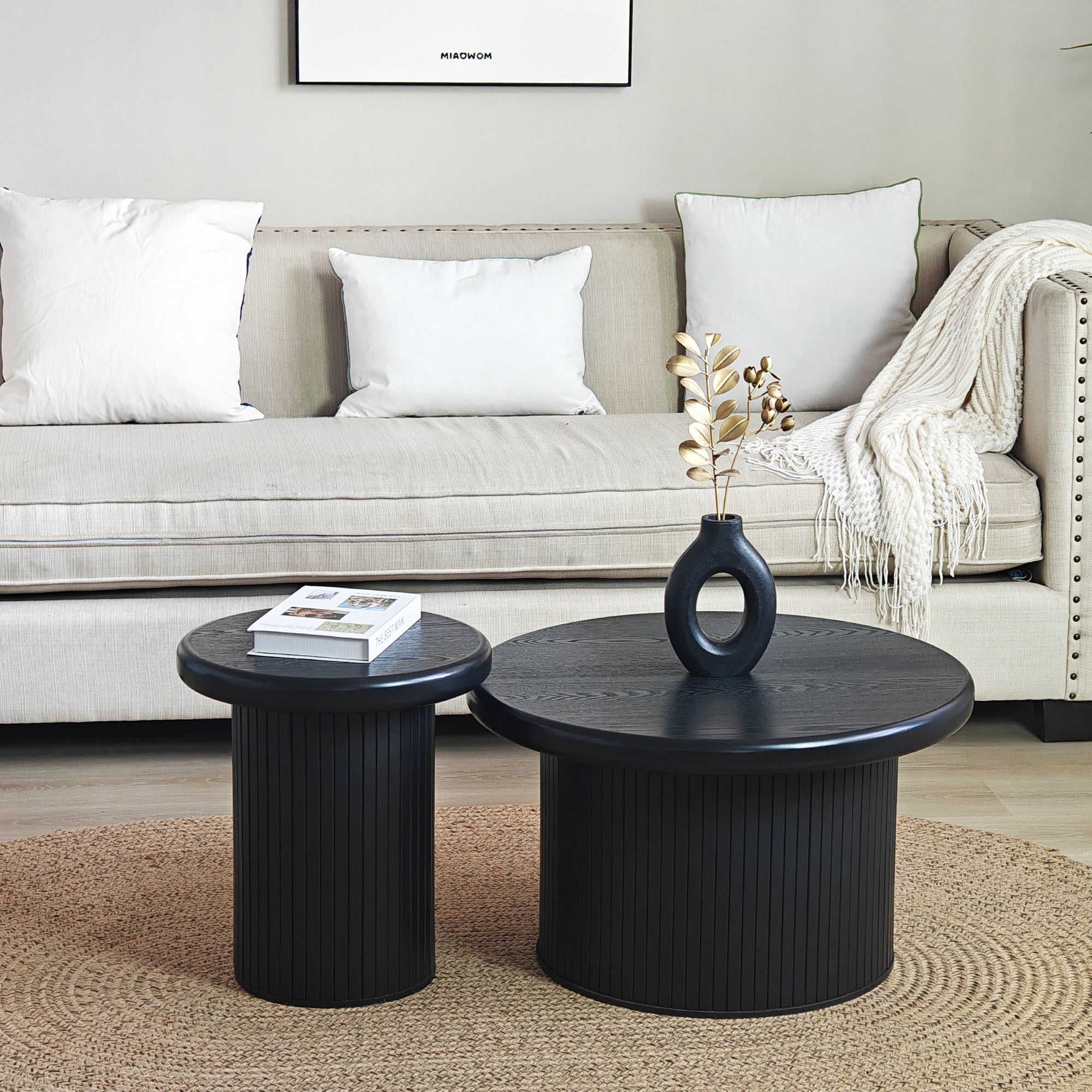 Modern Round Coffee Table Set – Dual Table Combination with Unique Fluted Table Leg Design, Stylish Living Room Furniture