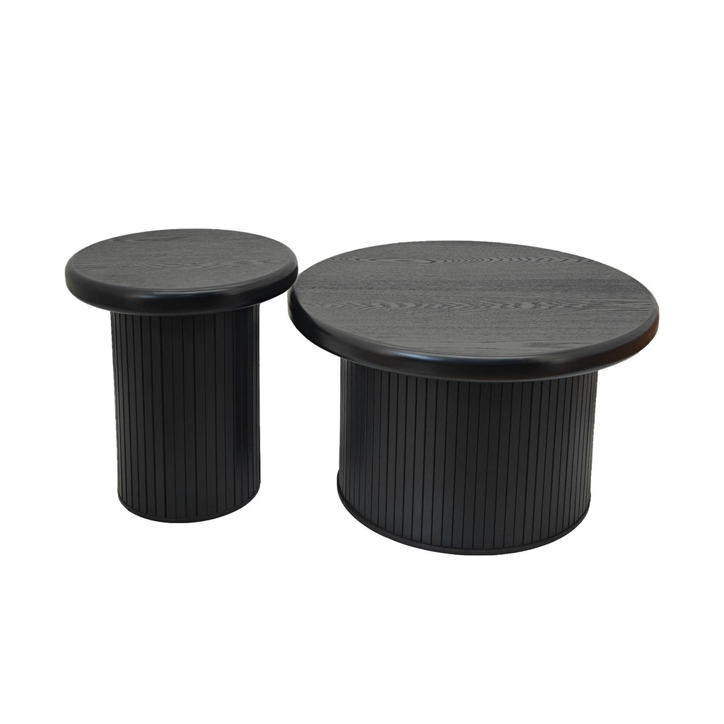 Modern Black Round Coffee Table With Fluted Legs.