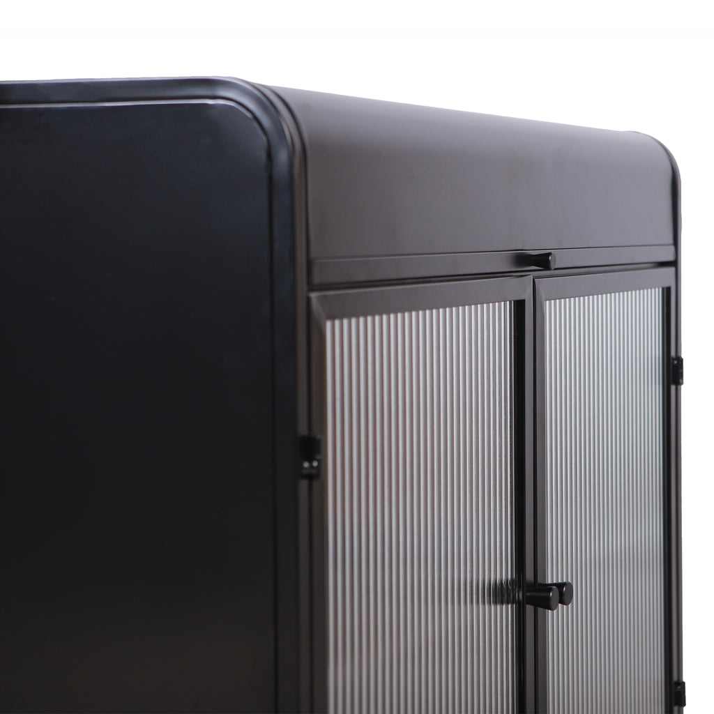 Modern Sideboard Buffet Cabinet with Tempered Figured Glass Doors, Flip Top, Inner Shelves, Metal Frame Storage Console for Dining Room, Kitchen, Living Room & Entryway (Black)