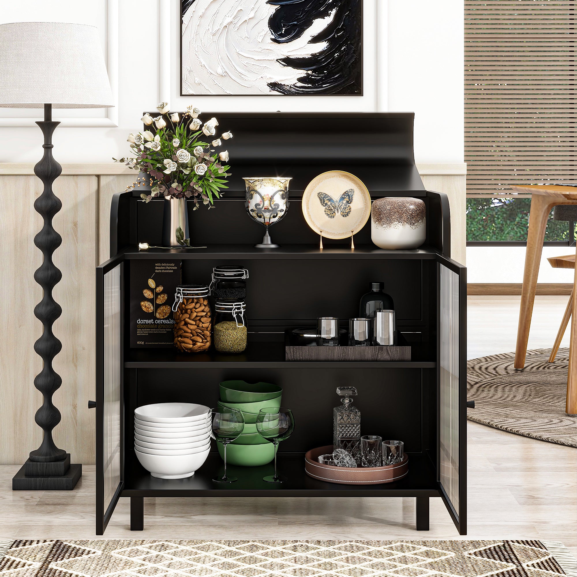 Modern Sideboard Buffet Cabinet with Tempered Figured Glass Doors, Flip Top, Inner Shelves, Metal Frame Storage Console for Dining Room, Kitchen, Living Room & Entryway (Black)