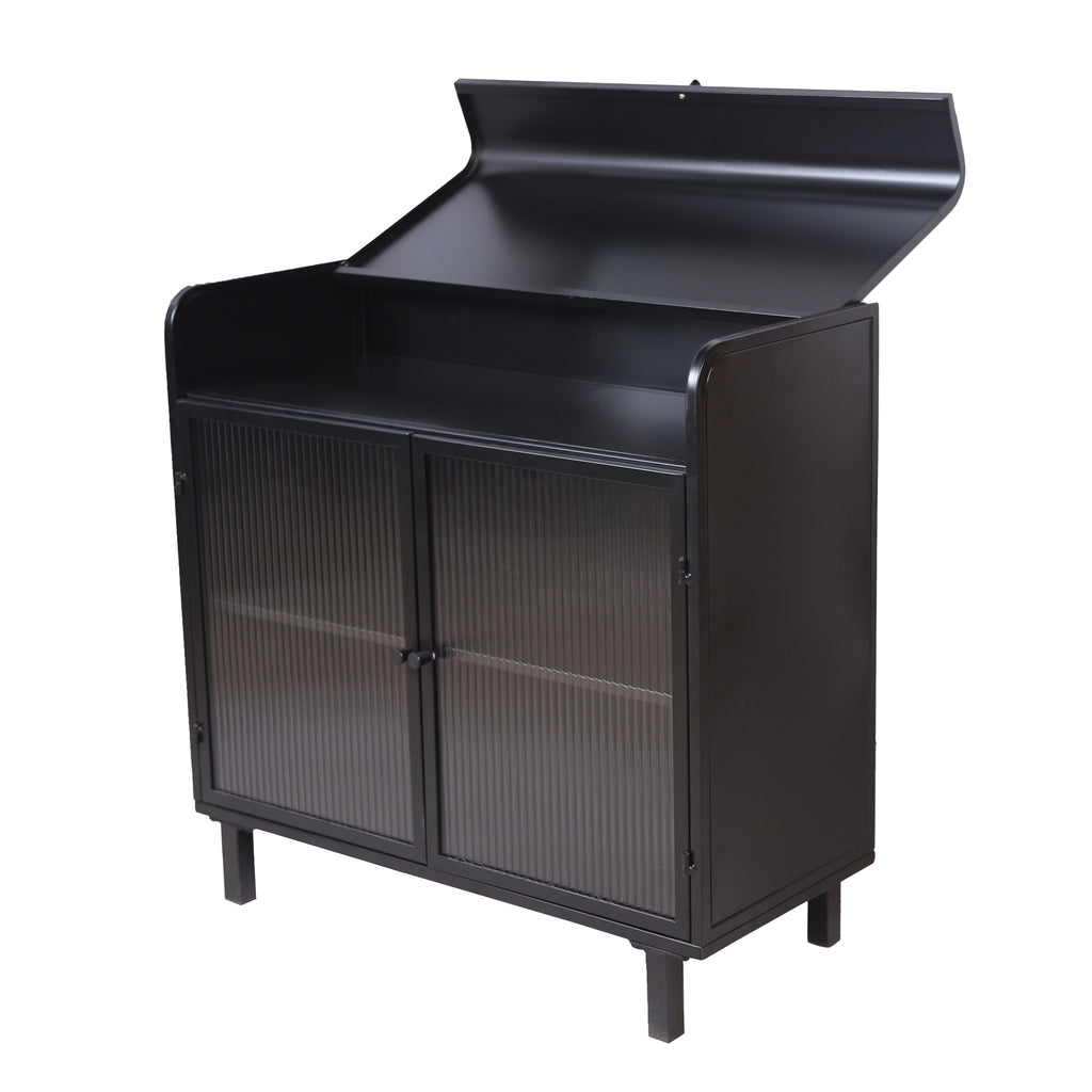 Modern Sideboard Buffet Cabinet with Tempered Figured Glass Doors, Flip Top, Inner Shelves, Metal Frame Storage Console for Dining Room, Kitchen, Living Room & Entryway (Black)