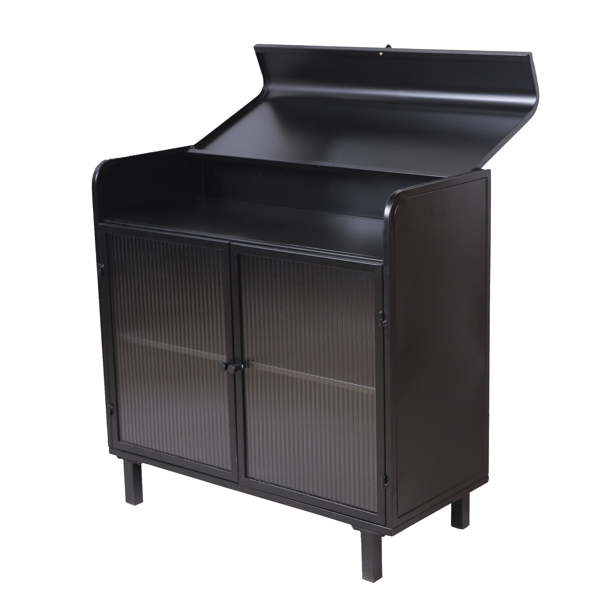 Modern Sideboard Buffet Cabinet with Tempered Figured Glass Doors, Flip Top, Inner Shelves, Metal Frame Storage Console for Dining Room, Kitchen, Living Room & Entryway (Black)