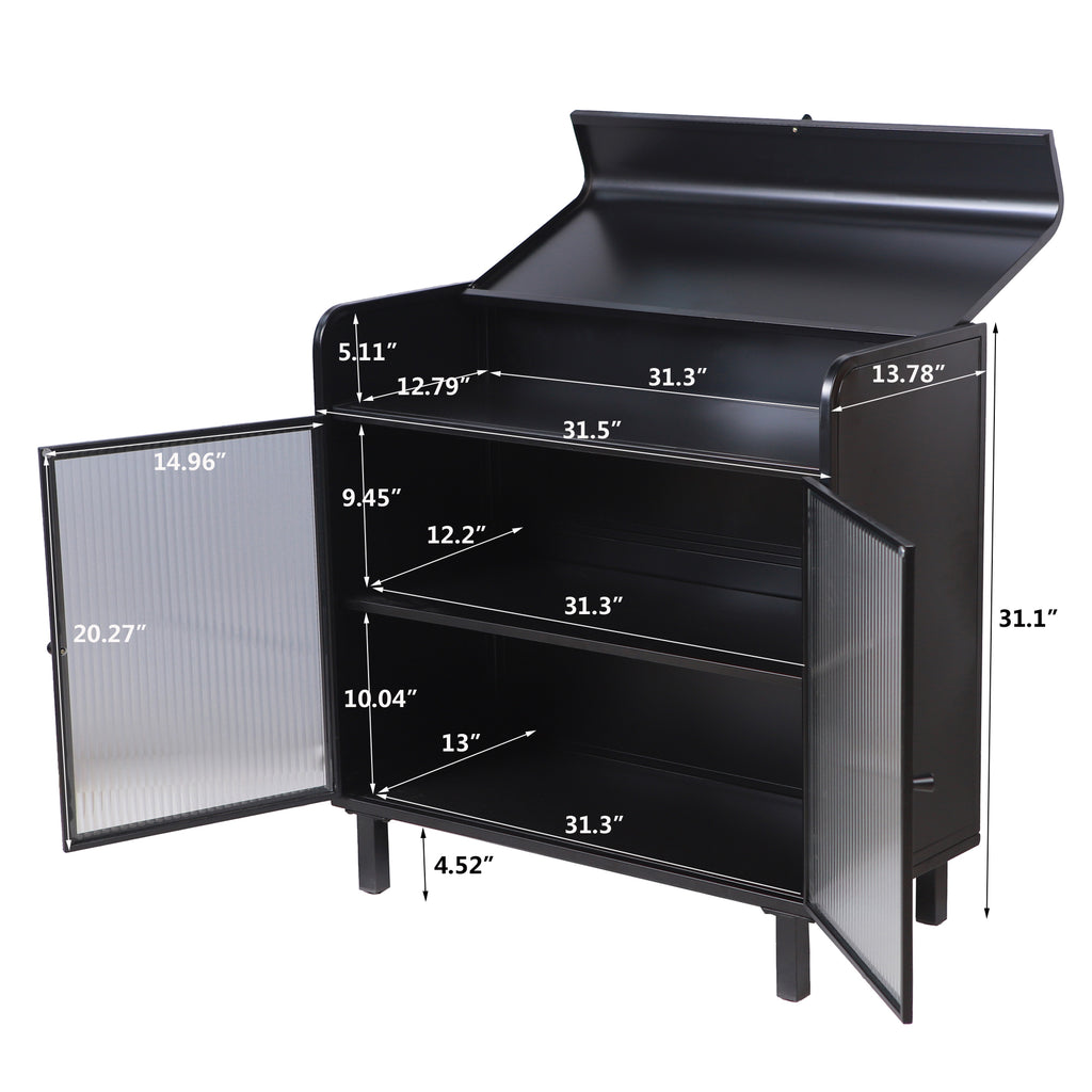 Modern Sideboard Buffet Cabinet with Tempered Figured Glass Doors, Flip Top, Inner Shelves, Metal Frame Storage Console for Dining Room, Kitchen, Living Room & Entryway (Black)
