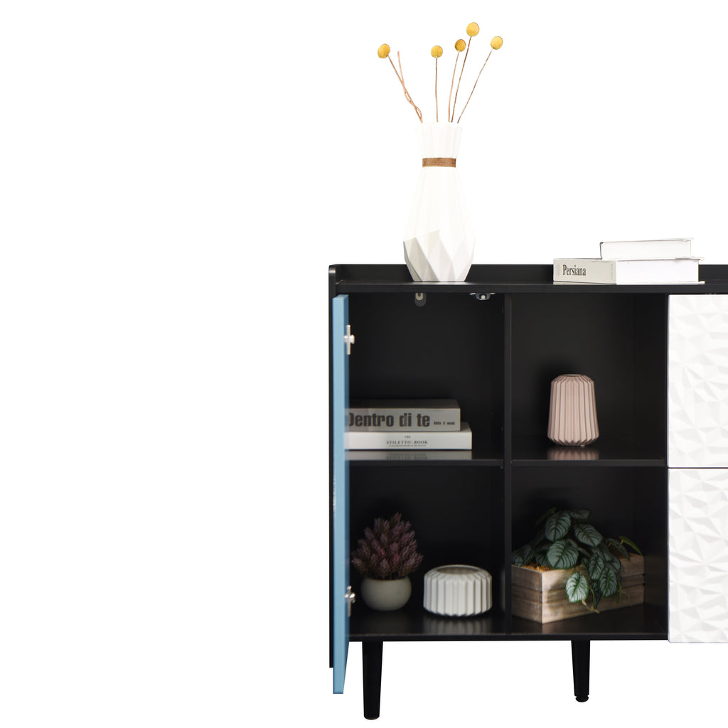 Sideboard Buffet Cabinet, Black Storage Cabinet with Red Doors , 2 Drawers with unique panel styling and 2 Open Storage Compartment, Modern Coffee Bar Cabinet Accent Cabinet for Kitchen, Dining Room, - Groovy Boardz