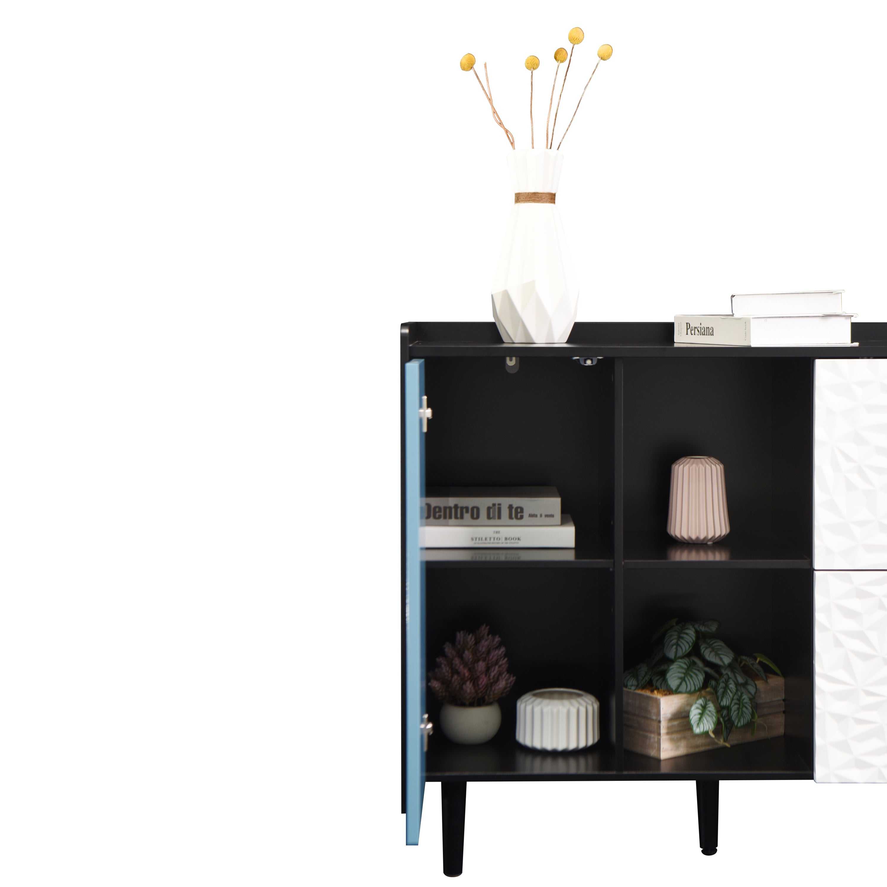 Sideboard Buffet Cabinet, Black Storage Cabinet with Red Doors , 2 Drawers with unique panel styling and 2 Open Storage Compartment, Modern Coffee Bar Cabinet Accent Cabinet for Kitchen, Dining Room, - Groovy Boardz