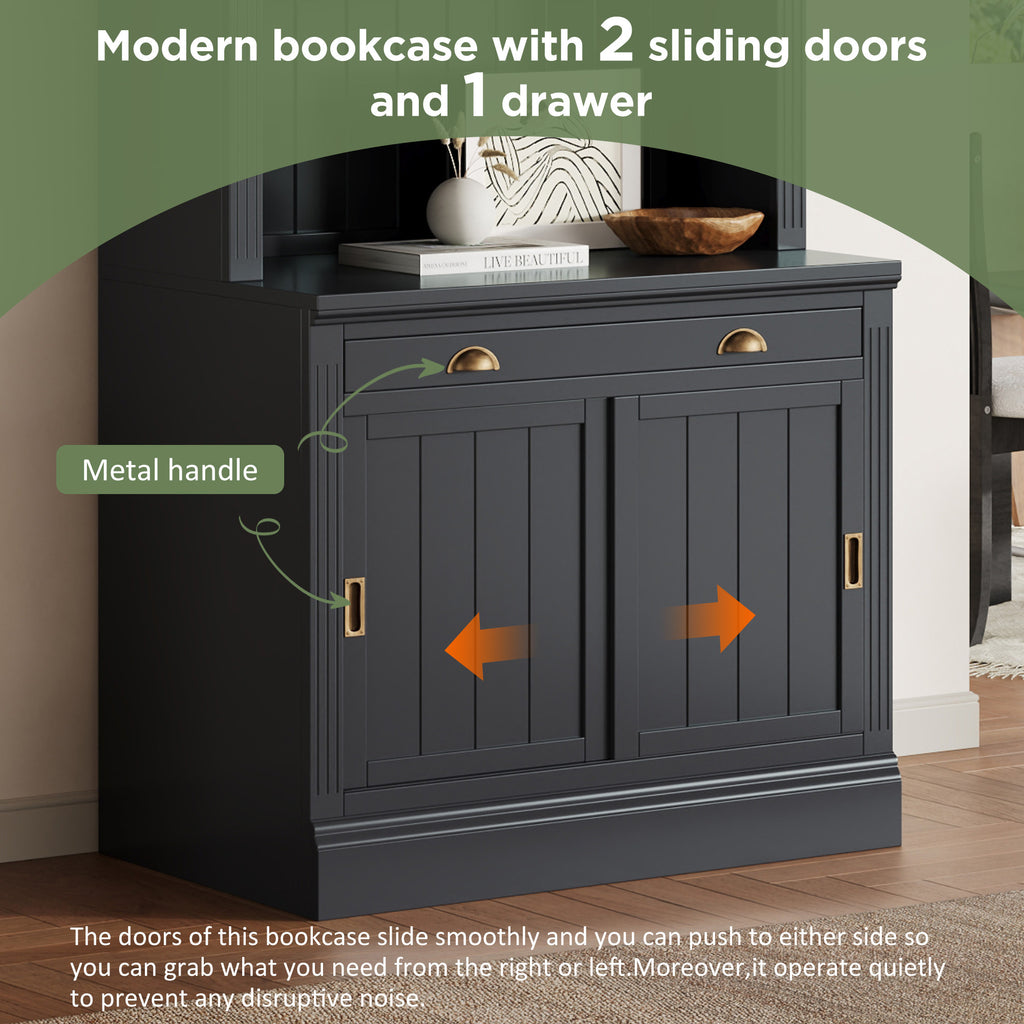 83.4'Tall Bookshelf, Modern Bookcase with Sliding Doors and Open Shelves,Storage Bookshelf for Living Room,Home Office,Black