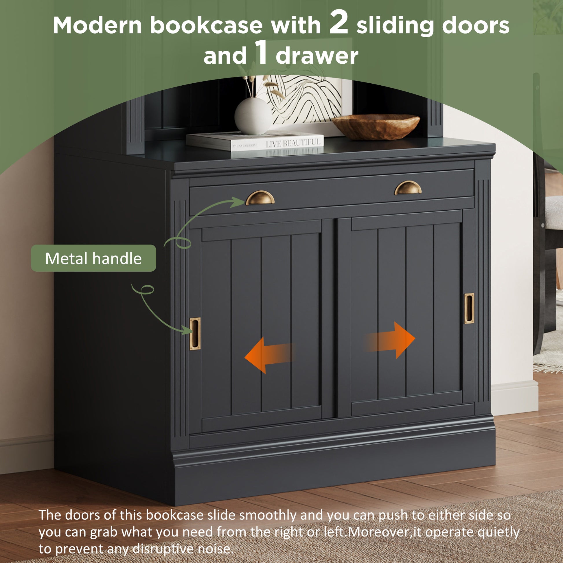 83.4'Tall Bookshelf, Modern Bookcase with Sliding Doors and Open Shelves,Storage Bookshelf for Living Room,Home Office,Black